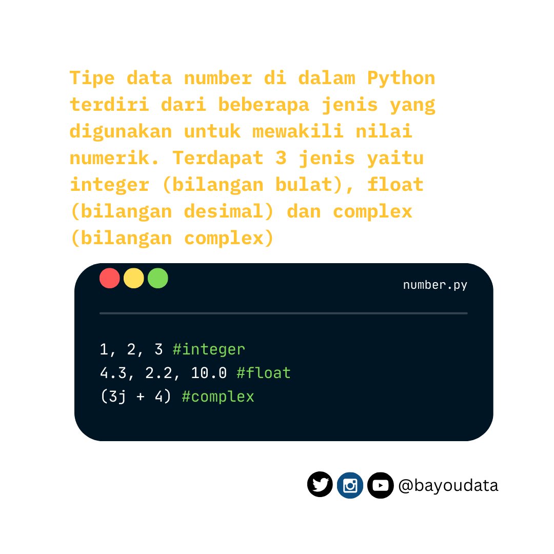 bayoudata's tweet photo. Apa itu tipe data #number di dalam bahasa pemrograman python? Belajar yuk!

link course python di udemy:
https://t.co/tHlu9n1Ujl

#python #belajarpython #pemrogramanpython #pemrograman #bahasapemrograman #bahasapython https://t.co/f2AeB6BBQW