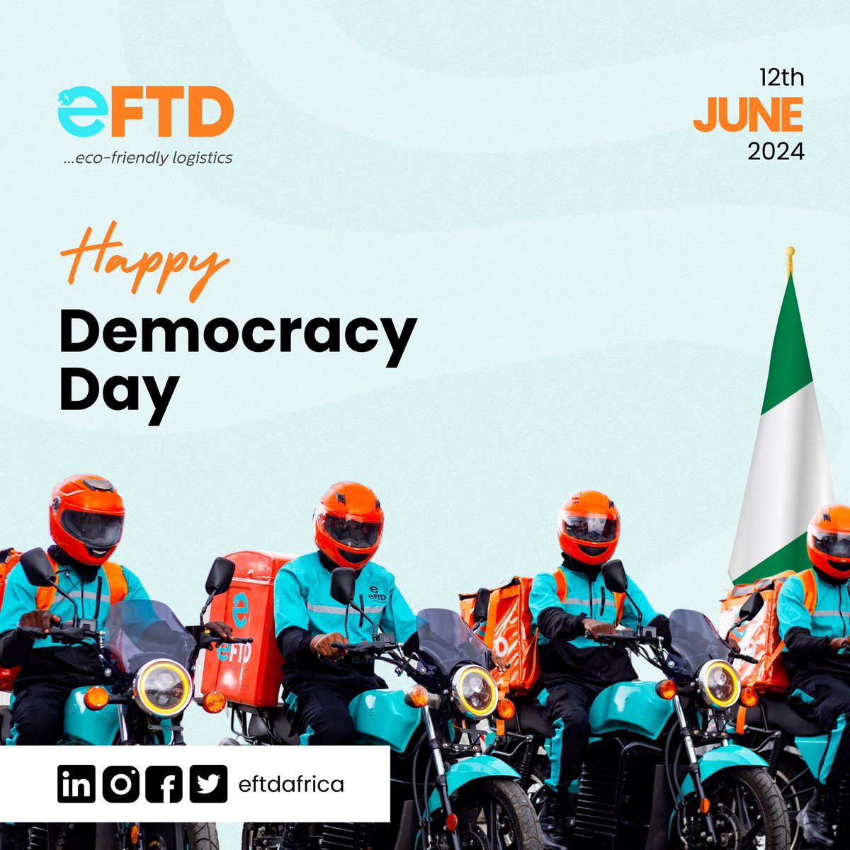 eFTDAfrica's tweet photo. Happy Democracy Day, Nigeria! 🇳🇬 As we celebrate our nation’s journey to freedom and democracy, let’s also commit to a sustainable future. 

At eFTDAfrica, we proudly deliver with a fully electric motorcycle fleet, ensuring our logistics are both efficient and eco-friendly. 

Here’s to a greener, brighter Nigeria. 

#DemocracyDay #Nigeria #SustainableLogistics #GodMorningWednesday