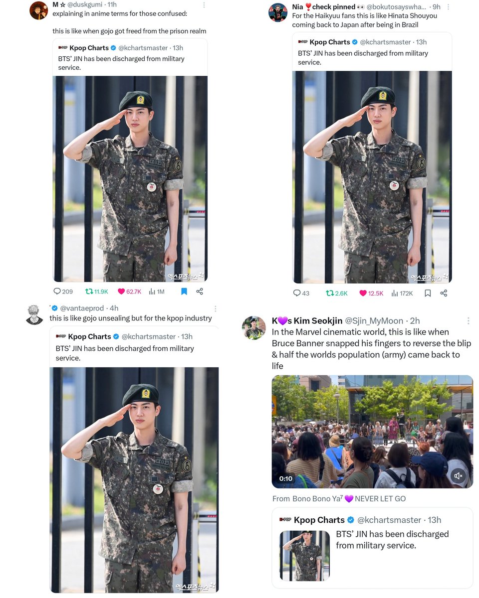 _LunarWolfJin's tweet photo. Not King Seokjin has gone viral 10000000 times today, this time among anime fans!

Gojo getting released from prison, haikyuu hinata coming back to japan! ✨️😂

HAPPY JINDEPENDENCE DAY 
#TheAstronautHasLanded #방탄소년단진 
#WelcomeBackJin #김석진 #SEOKJIN https://t.co/dMqMsbuSTb