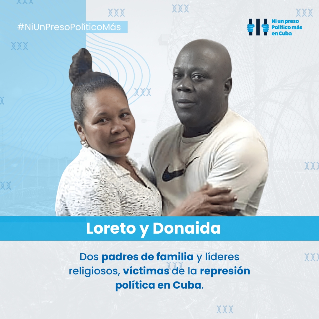 NiUnPresoMas's tweet photo. Padres de familia víctimas de la represión política en Cuba.  

Donaida Pérez Paseiro y Loreto Hernández, ambos de 53 años, son padres de familia que se encuentran encarcelados injustamente desde las protestas pacíficas del 11 de julio de 2021. Donaida fue condenada a 8 años de prisión, mientras que Loreto, su esposo, recibió una sentencia de 7 años por su participación en dichas manifestaciones.  

Durante su encarcelamiento, tanto Donaida como Loreto han enfrentado graves problemas de salud debido a la falta de medicamentos y tratamiento adecuado. Esta situación, lamentablemente común entre los prisioneros políticos en Cuba, pone en riesgo su vida y bienestar, evidenciando la crueldad del sistema penitenciario del gobierno cubano.  

Loreto y Donaida son líderes religiosos de la Asociación de Yorubas Libres de Cuba, reconocidos por su activismo y convicciones políticas. Por estas razones, han sido objeto de represión por parte del régimen cubano. Amnistía Internacional los ha declarado presos de conciencia, destacando la persecución que sufren por sus creencias y su defensa de los derechos humanos.  

La represión no se limita a ellos. Sus hijos también han sido víctimas de acoso y violencia política por denunciar las violaciones de derechos humanos que sus padres sufren. Esta situación refleja el alcance de la persecución del régimen cubano, que busca silenciar a aquellos que se oponen al gobierno.  

Te invitamos a compartir esta historia para denunciar la injusticia que enfrentan Donaida y Loreto, y para exigir su liberación inmediata. 
¡No podemos permitir que el régimen cubano siga silenciando a quienes comparten el deseo de una Cuba diferente, de un país mejor!. #NiUnPresoPolíticoMás