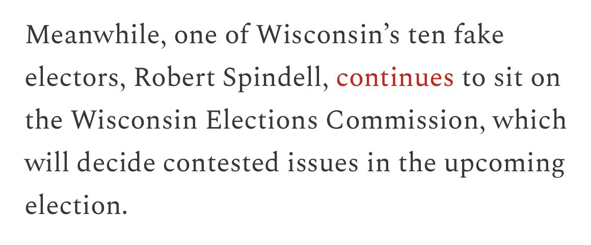 You guys want to hear something that’s fucked up?

Here in Wisconsin, we have a fake elector, Bob Spindell, who signed fake elector documents, in an attempt to overturn our election, who is still on our states elections commission. 

Now that, is fucked up. 
<a href="/WisDOJ/">Attorney General Josh Kaul</a>
