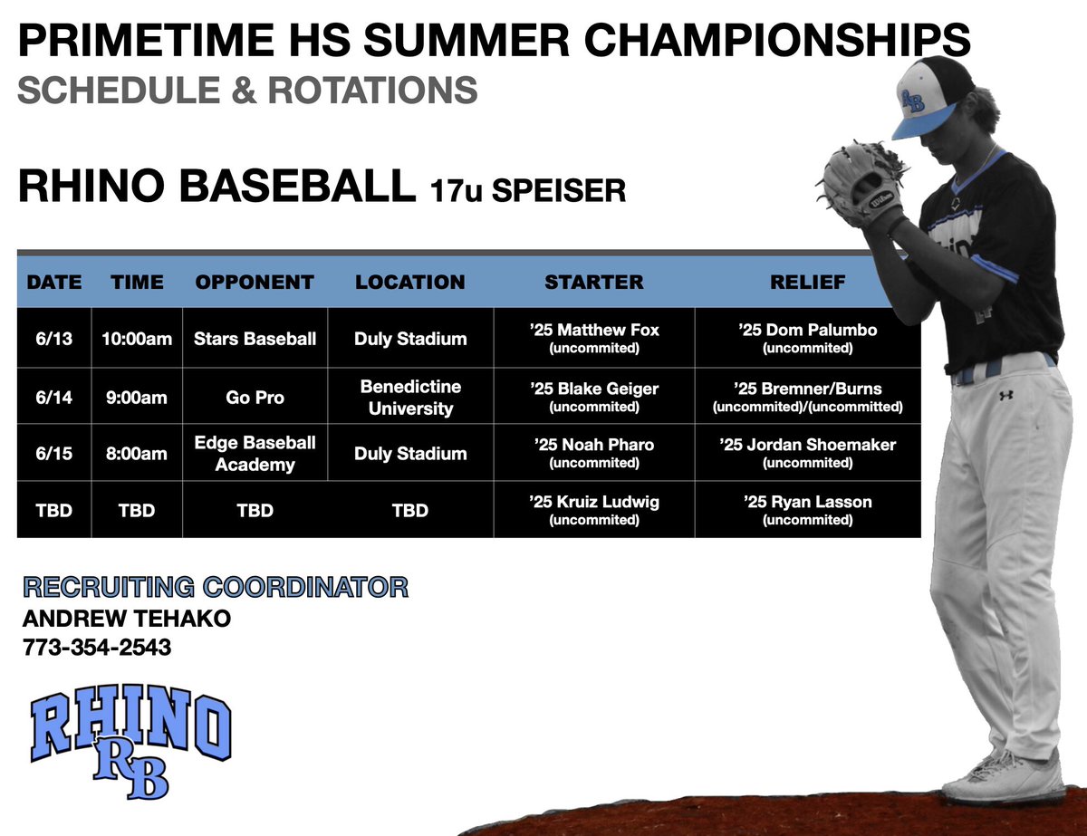 🚨🚨ROTATION &amp; ROSTER🚨🚨

                      17u Speiser
<a href="/PrimetimeIL/">Primetime</a> Summer Championship
            
              📍Joliet &amp; Lisle, IL📍

    ⬇️⬇️⬇️⬇️⬇️⬇️⬇️⬇️⬇️⬇️⬇️