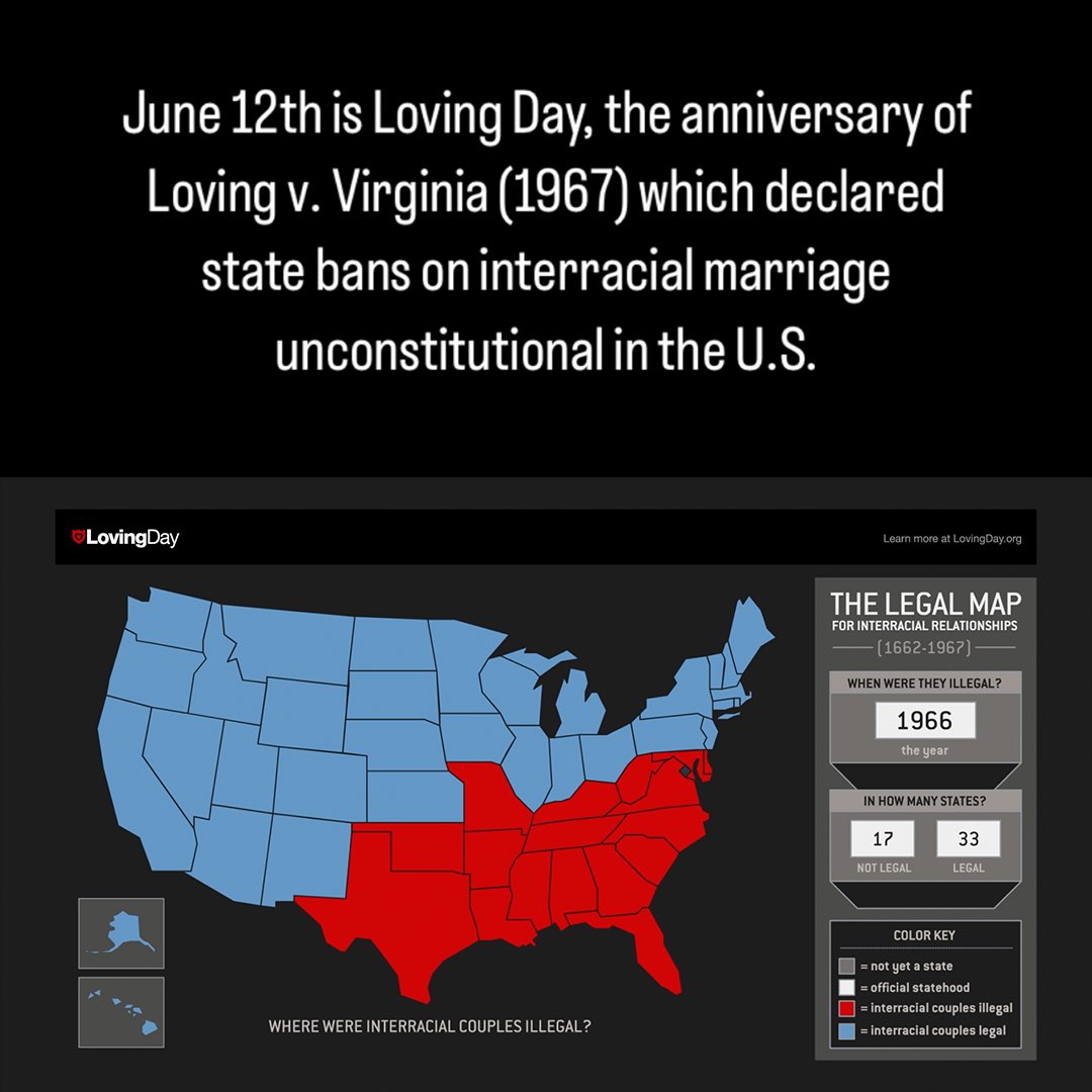 Today we honor the anniversary of Loving v. Virginia. In 1967, the Supreme Court declared the ban on interracial marriage unconstitutional in the U.S.  This year, we’re highlighting our Legal Map. Here's what the country looked like in 1966 before the Loving decision #lovingday