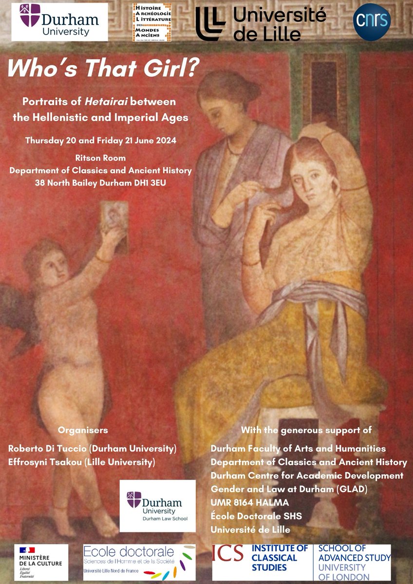 "Who’s That Girl? Portraits of Hetairai between the Hellenistic and Imperial Ages" 20-21 June. Organisers <a href="/robertodituccio/">Roberto Di Tuccio</a> <a href="/EffrosyniTsakou/">EffrosyniTsak</a>, keynotes <a href="/edithmayhall/">@edithmayhall</a> <a href="/ZiogasIoannis/">Ioannis Ziogas</a> 

Registration (in person/online): forms.gle/1iKeMC32CL2NQn…

#ClassicsTwitter #AncMedTwitter