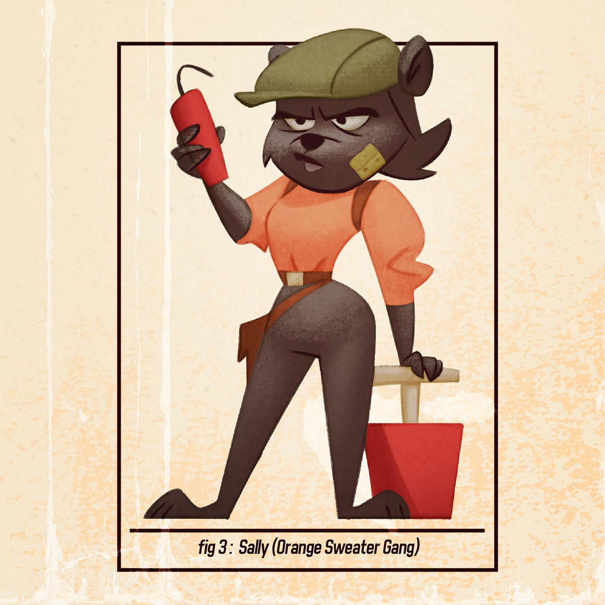 Honey Heist
Fan art of my PCs

One last character, Sally. Explosion specialist, potentially fed up with her job 😅