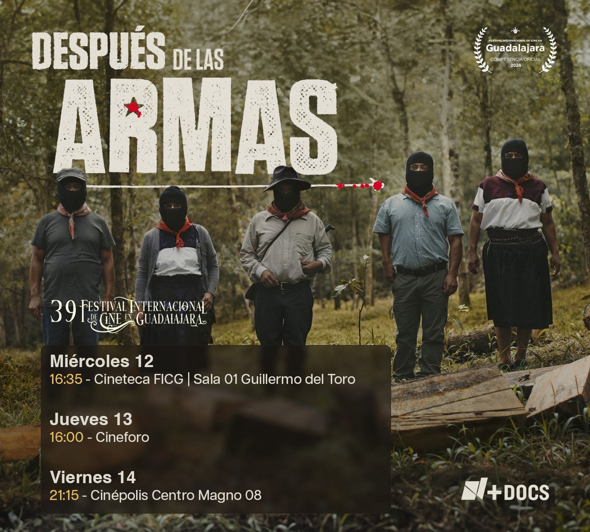 Los invito esta tarde al estreno de ‘Después de las armas’, documental producido por N+Docs y dirigido por <a href="/HECLaso/">Hector</a>, en el Festival Internacional de Cine en Guadalajara.

🎦 Cineteca FICG-Sala Guillermo del Toro.
📅 Miércoles 12 de junio.
⏰ 16:35 hrs. #FICG39