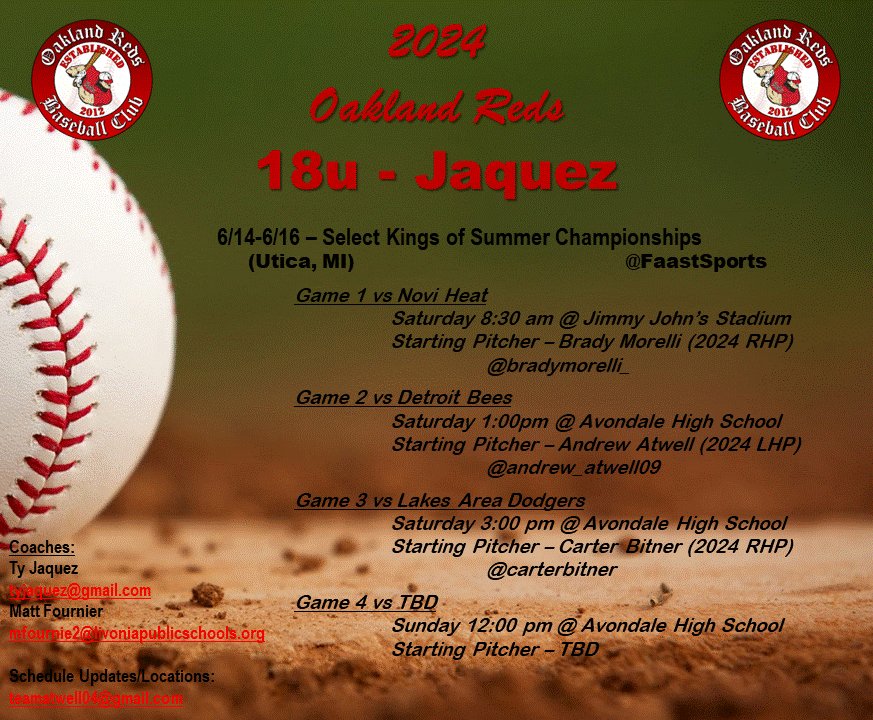 Oakland Reds 18u (2024/2025) (@reds18u) on Twitter photo Game Schedule and Pitching Rotation for our 1st Tournament of the Summer
<a href="/bradymorelli_/">Brady Morelli</a> <a href="/andrew_atwell09/">Andrew Atwell</a> <a href="/carterbitner/">Carter Bitner</a> <a href="/Oakland_Reds/">Oakland Reds</a> <a href="/FaastSports/">FAAST Sports</a> Game Schedule and Pitching Rotation for our 1st Tournament of the Summer
<a href="/bradymorelli_/">Brady Morelli</a> <a href="/andrew_atwell09/">Andrew Atwell</a> <a href="/carterbitner/">Carter Bitner</a> <a href="/Oakland_Reds/">Oakland Reds</a> <a href="/FaastSports/">FAAST Sports</a>