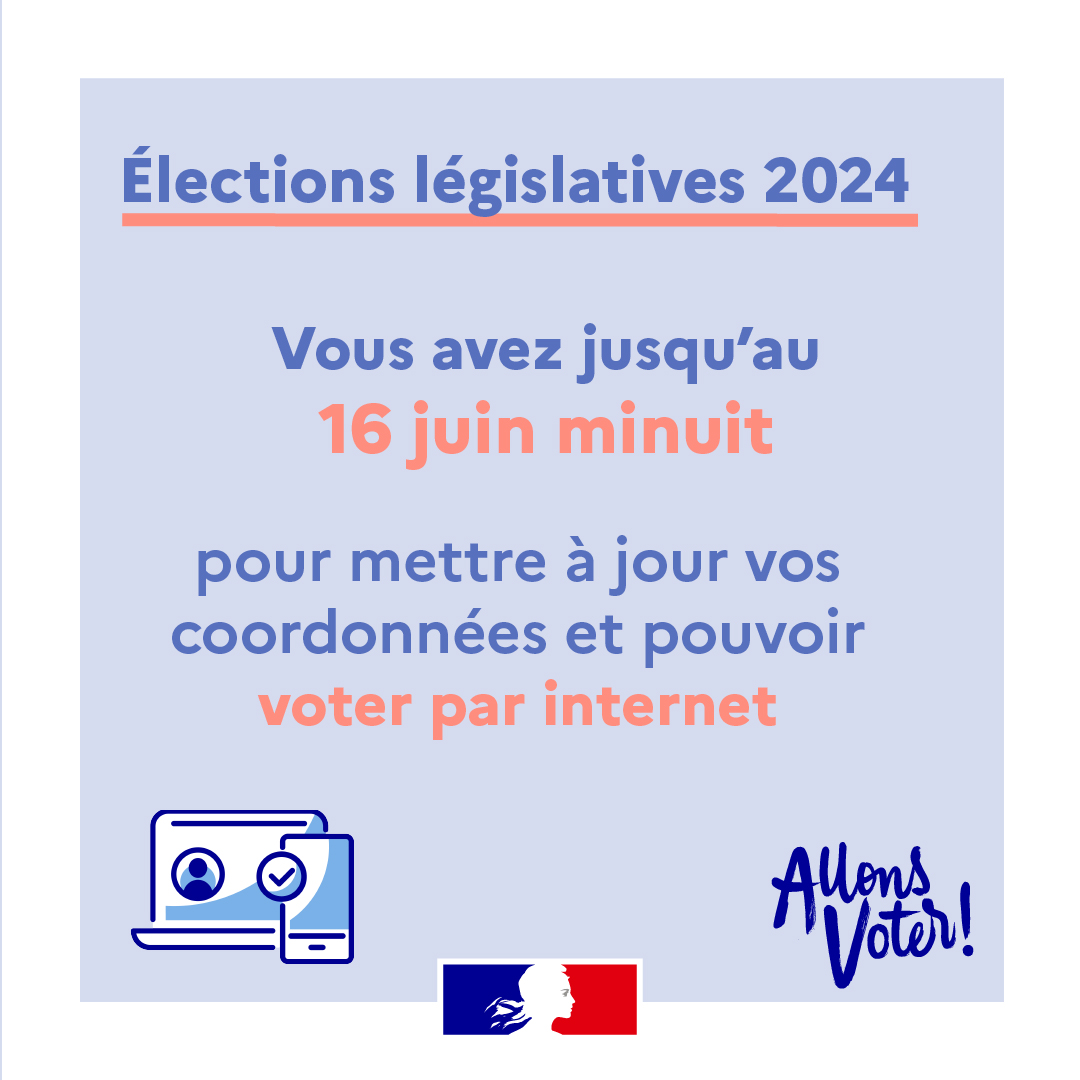 🗳️ #Législatives2024 
🇫🇷 à l'étranger, vous avez la possibilité de voter par internet pour le prochain scrutin. 
🚨Attention, vous avez jusqu'au 1️⃣6️⃣ juin pour mettre à jour vos coordonnées sur Service Public. N'attendez plus !
👉 swll.to/Lci3f0
#allonsvoter