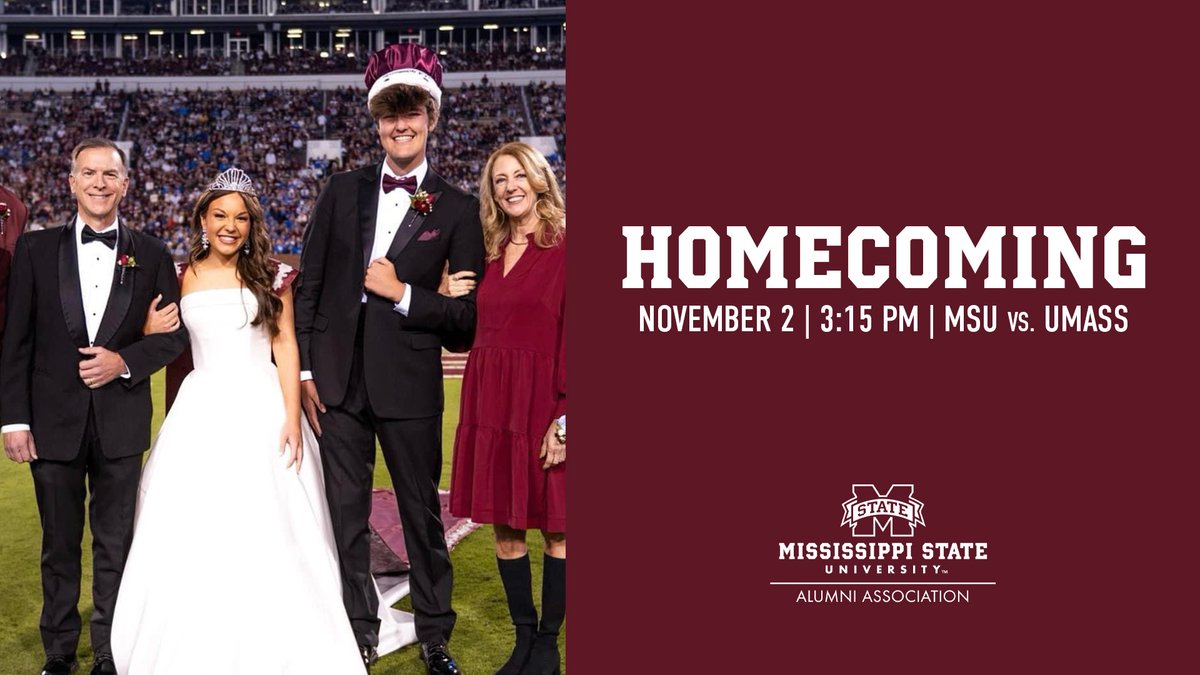 The game time has been set for MSU Homecoming 2024! 👑🐶

Bookmark the page below for info on reunions, tailgates and more to make the most of your return to Starkville.

🔗 msstate.edu/homecoming