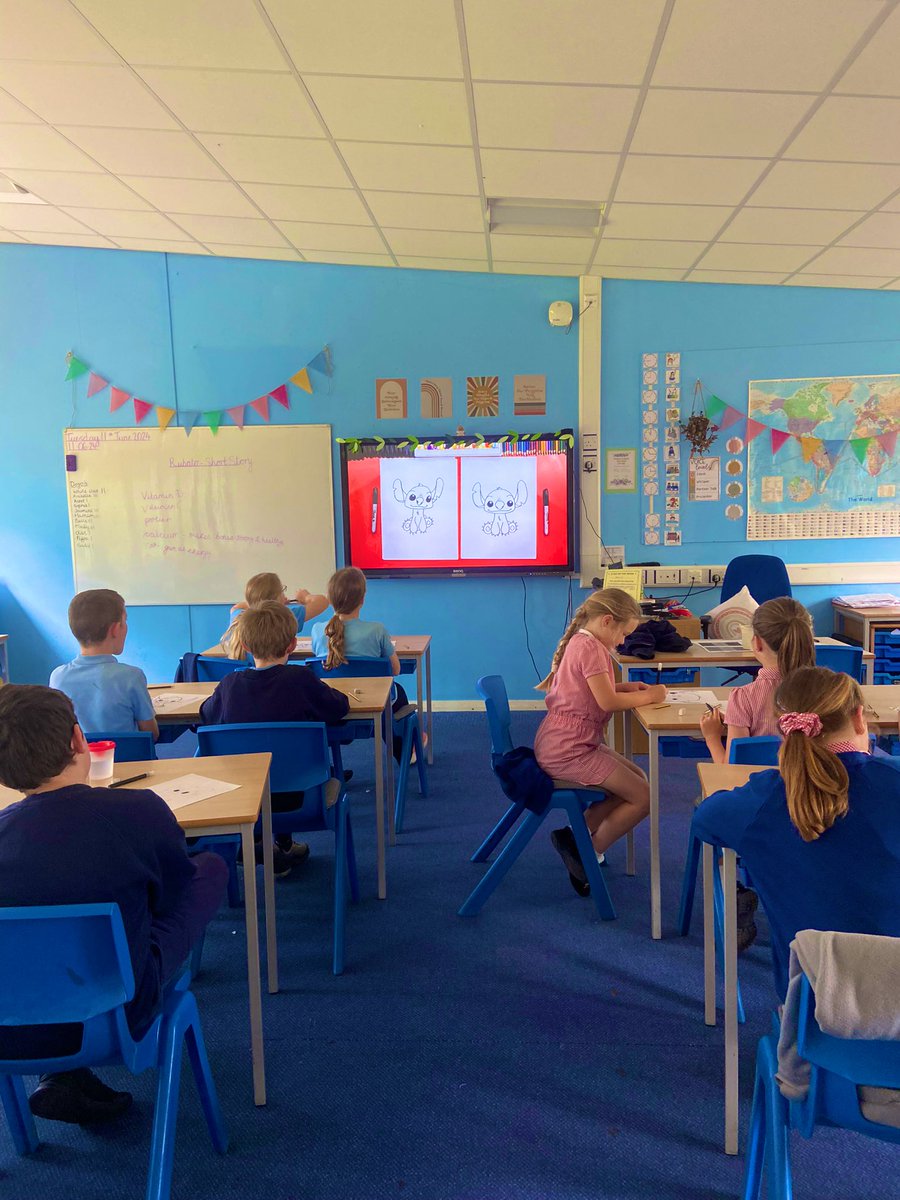 Art club fun in KS2! We loved creating sketches of Stitch and painting / colouring him in - of course Miss G had to get involved too!  🎨👽💙 #RCPart #Artclub