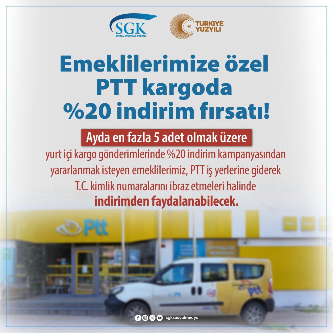 sgksosyalmedya's tweet photo. Emeklilerimiz PTT kargo ile yapacakları yurt içi kargo gönderilerinde %20 indirim kampanyasından faydalanabilir. https://t.co/CI4fLwcnFn