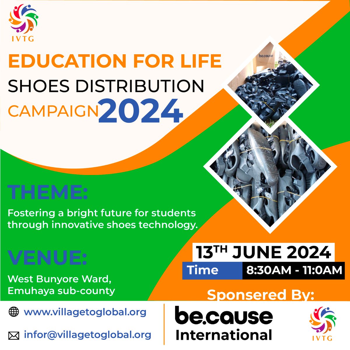 IVTGFoundation's tweet photo. Excited to announce our Education For Life Shoes Distribution Campaign 2024! Join us on June 13th as we provide innovative shoes to students in need in West Bunyore Ward. Sponsored by be.cause International, let's make a difference together! #EducationForLife 👟📚🌟 https://t.co/zP9KpNbLtU