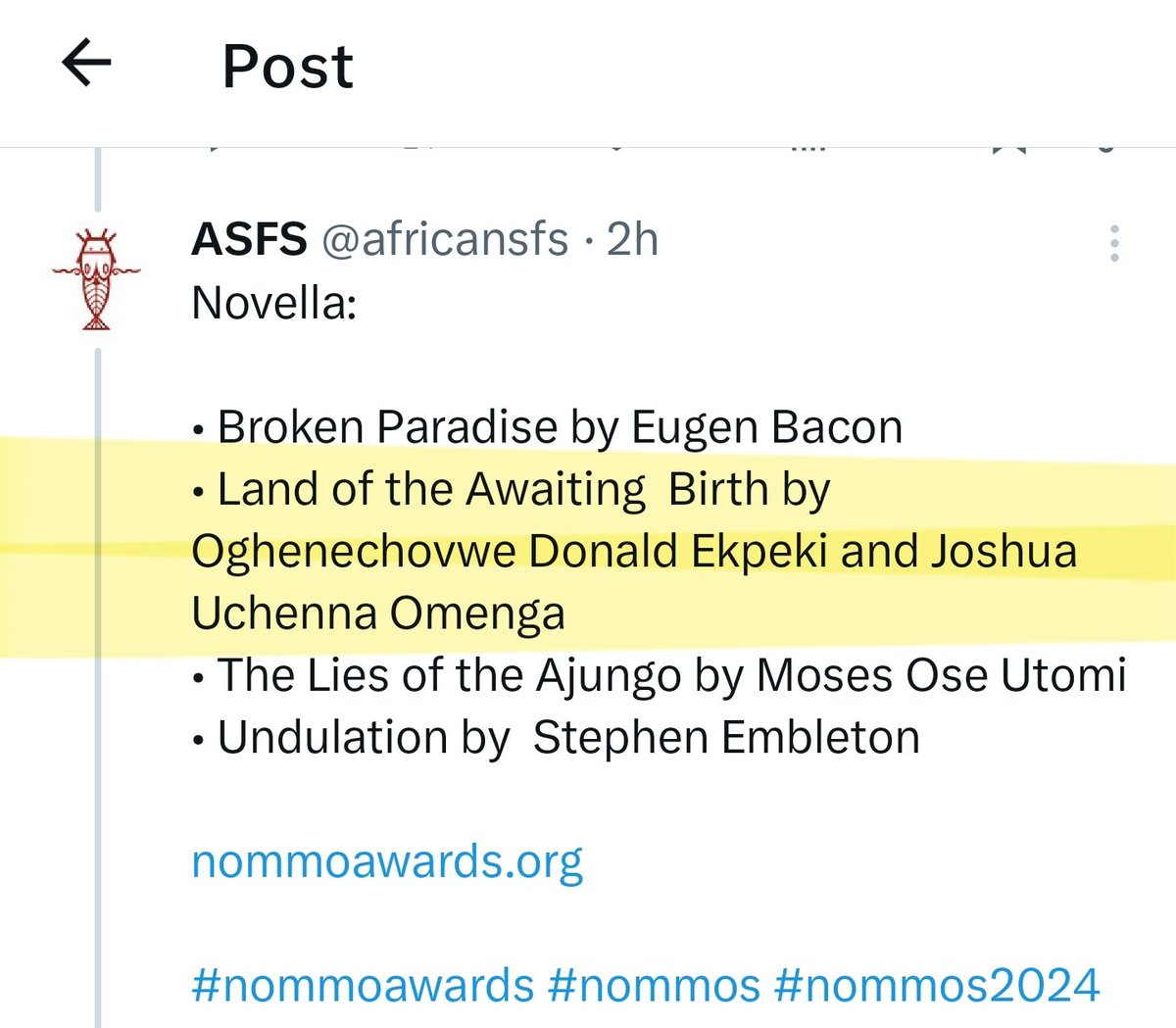Oghenechovwe Donald Ekpeki (@penprince_) on Twitter photo I'm a Nommo award finalist in 2 categories; novella & short story. Land of the Awaiting Birth with <a href="/JoshuaOmenga/">Joshua Uchenna Omenga</a> & Destiny Delayed on <a href="/Asimovs_SF/">Asimov's SF</a>, a Nebula finalist & 1st story by a Black person to win the Asimov's award. Been translated into Chinese, Italian, Czech & Persian I'm a Nommo award finalist in 2 categories; novella & short story. Land of the Awaiting Birth with <a href="/JoshuaOmenga/">Joshua Uchenna Omenga</a> & Destiny Delayed on <a href="/Asimovs_SF/">Asimov's SF</a>, a Nebula finalist & 1st story by a Black person to win the Asimov's award. Been translated into Chinese, Italian, Czech & Persian