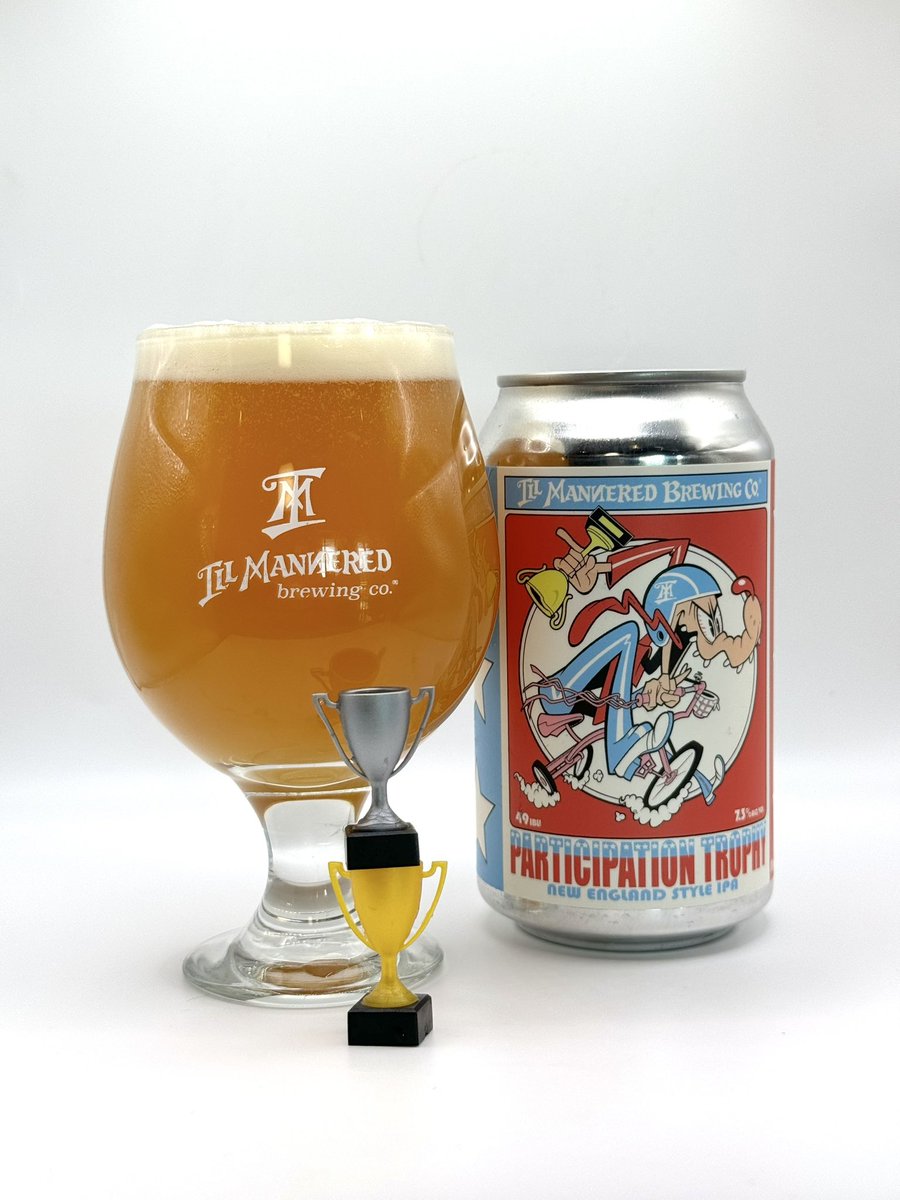 illmanneredbeer's tweet image. One of our original Hazy IPAs, Participation Trophy is a  juicy, fruity, and smooth drinking hazy. While it may not have won any awards, it’s definitely winning over hearts and tastebuds!

We’re open 4-10 today.

Can art by our winner of an artist @SamFout