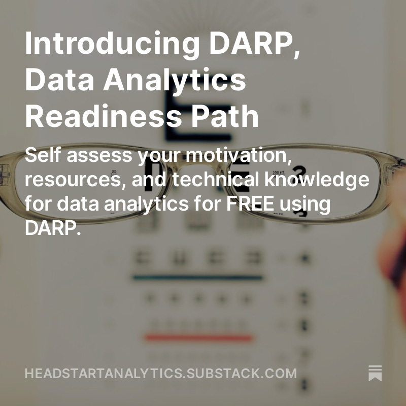 suhailayunuss's tweet image. Excited to introduce DARP, Data Analytics Readiness Path. 

I had this idea a few months ago of building a self-assessment tool to help beginners in data analytics aspiring data analysts evaluate their current skills, resources, motivation, and readiness for a career in data…