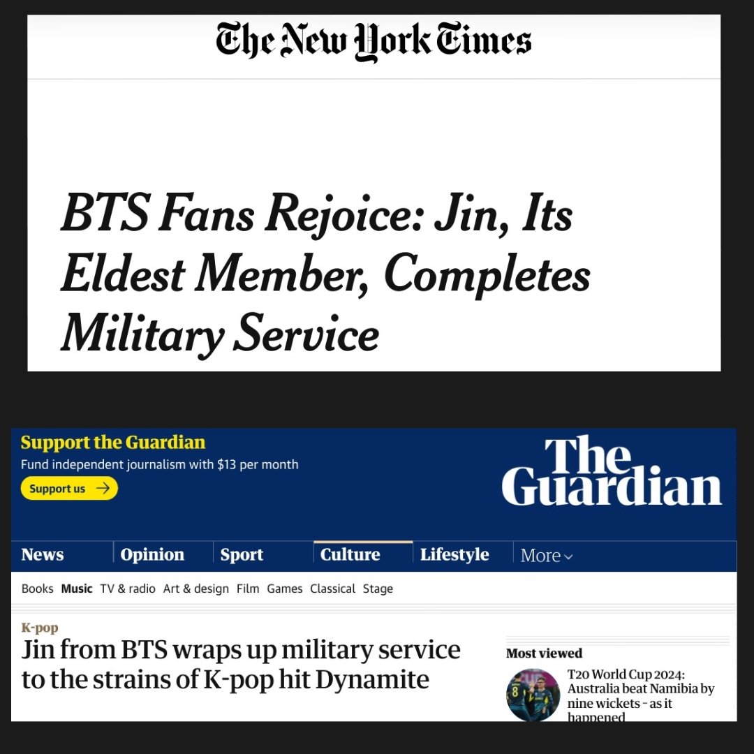 Army_Connect's tweet photo. The amount of Western media coverages on Jin's return...Variety, Forbes, New York Times, Reuters, The Guardians, Google, Rolling Stone, The Washington Post, The Independent, Today Show,  CNN, NBC, BBC...just to name a few 😌. https://t.co/Jtl9FgIdvO