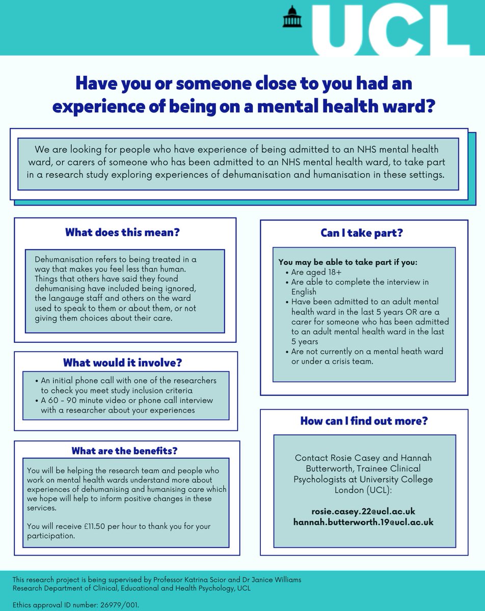 We're looking for past users of inpatient NHS mental health services to advise on materials for a study on dehumanising language and practices in such settings. If you can make a 1-off meeting in person or online, please DM. 🙏