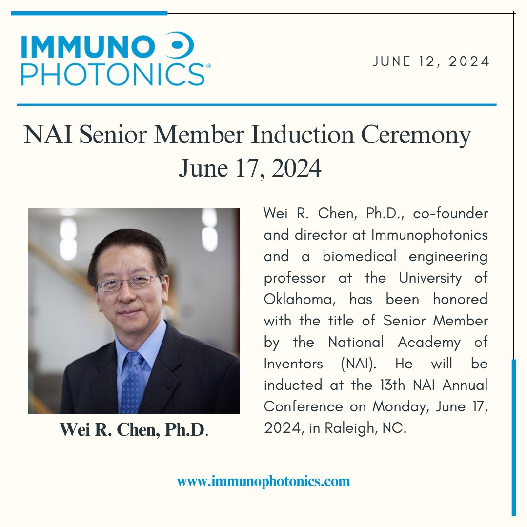 Lu Alleruzzo, CEO, Tomas Hode, PhD, CIO &amp; President, along with the Immunophotonics Team, extend their congratulations to Professor Wei Chen, co-inventor of IP-001, for being honored as one of the Class of 2024 Senior Members by the National Academy of Inventors (NAI) #innovation
