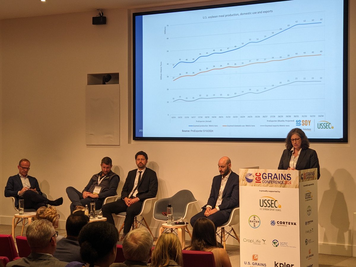 IGCgrains's tweet photo. Rosalind Leeck @USSEC reiterated the decline in US #soy #oil shipments, with a growing share used for biodiesel but also for other domestic outlets. #Gains in #soybean output will be achieved by #efficiency and #gains in #yields. #igcconf #londongrainsweek24 https://t.co/TNfHxegHQC