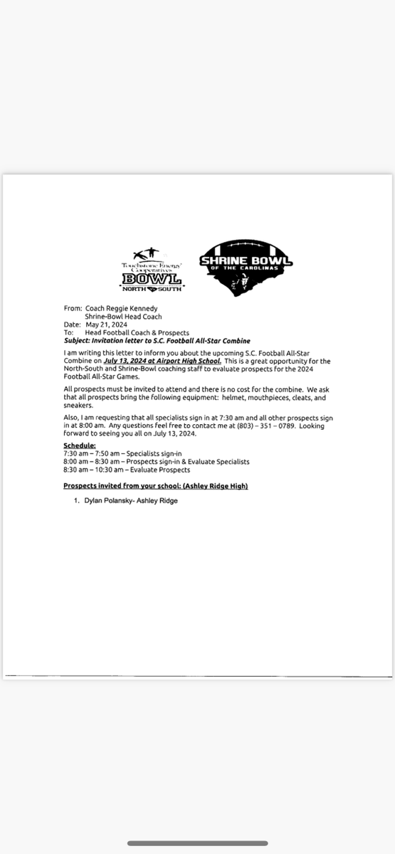I'll be at the SC football All star combine on 7/13
Thank you for the invite <a href="/ShrineBowlNCSC/">Shrine Bowl NC-SC</a> <a href="/TatejCoach/">Coach Jeff Tate</a> <a href="/DAWGHZERECRUITS/">Dawg House Recruiting</a>