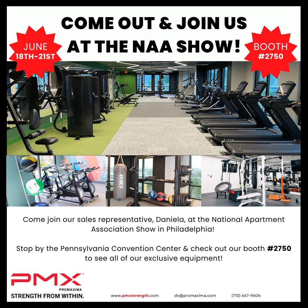 PMXProMaxima's tweet photo. Come join us at the NAA 2024 Show in Philadelphia June 18th- 21st! Stop by our booth #2750 and talk to our sales representative Daniela!
We hope to see you there! 💯🔥👏
#NAA2024 #apartments #apartmentshows #multiliving #pmxstrength #madeinusa #fitnessequipment #weightroom #pmx https://t.co/yyYVcJIQbM