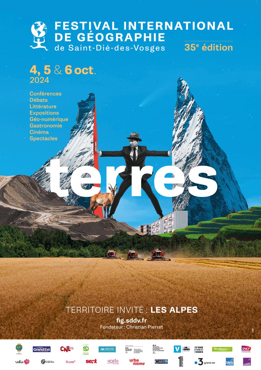 L’affiche du #FIG2024 est là ! Partagez la sans modération et faites la voyager... Cette 35e édition aura pour thème « terres » et pour territoire invité les Alpes.  📅Réservez dès maintenant votre premier week-end d'octobre 2024.
#géographie #festival