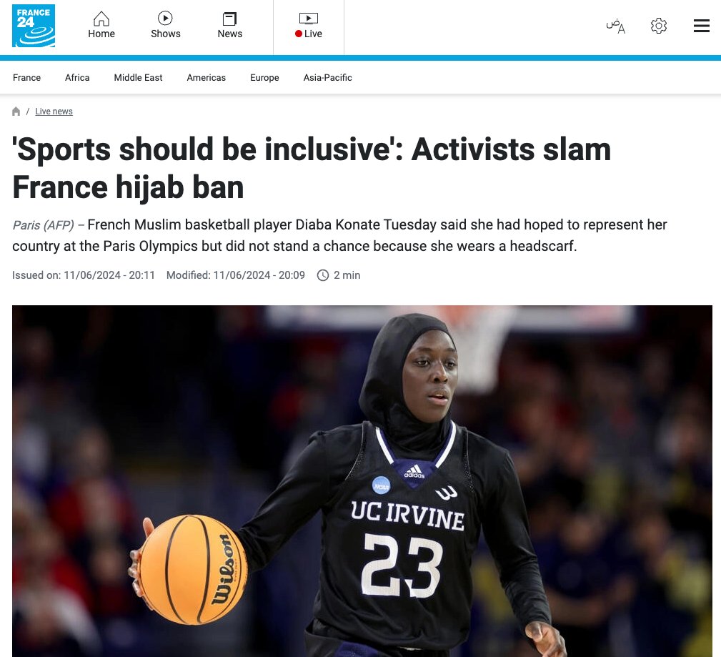 45 days on the #RoadToParis2024 we call on the <a href="/Olympics/">The Olympic Games</a> to stand up for real #GenderEqualOlympics and ensure *all* women and girls in France have their right to play sports respected. 

No one should have to chose between their faith and the sports they love.