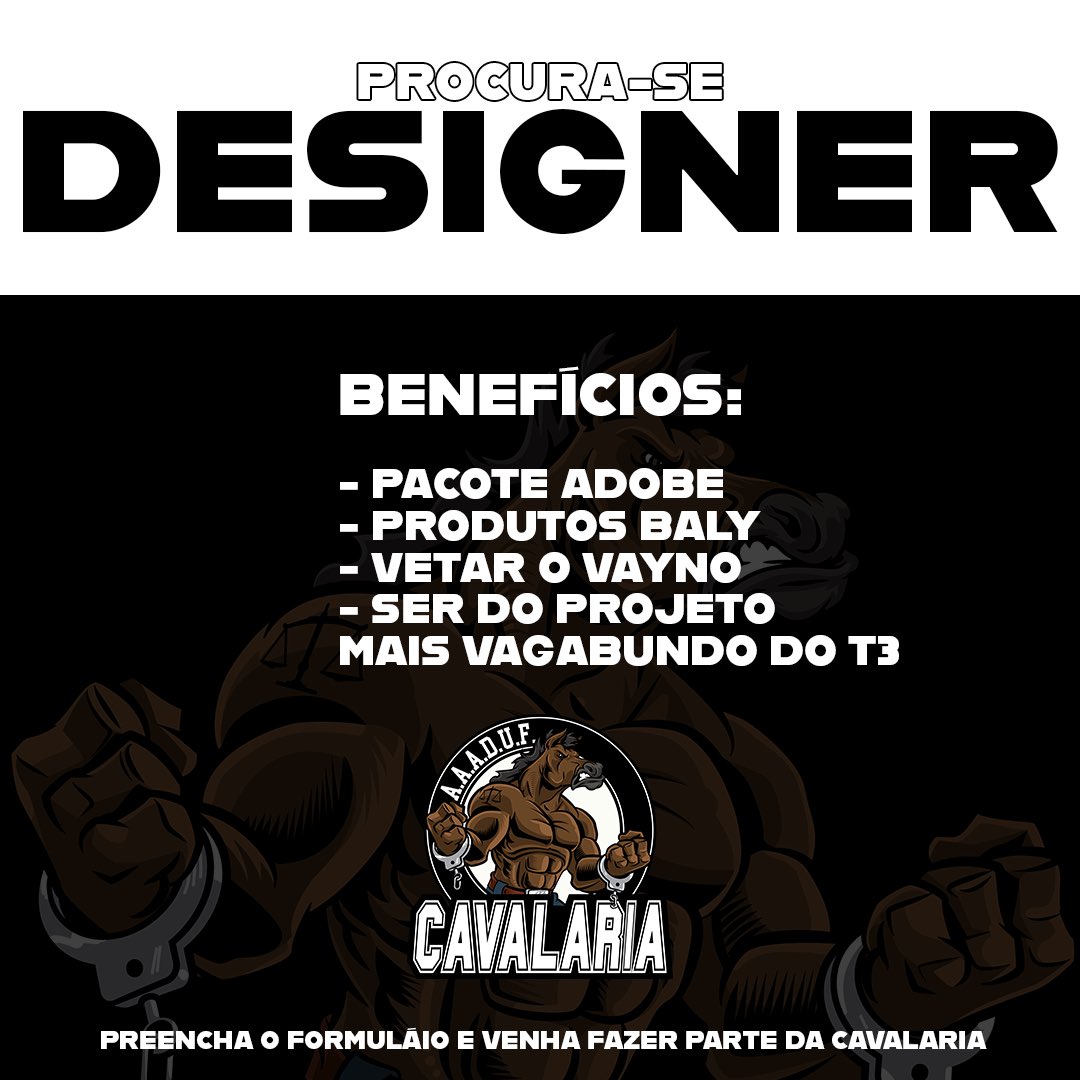 VAGAS ABERTAS!

Quer ser designer do projeto de e-sports da cav? Quer ser um hater oficial do Vaynolol, Heizy, Guto, etc? ENTÃO PREENCHE O FORMULÁRIO QUE AQUI É O LUGAR CERTO!

forms.gle/tzie9siqJaKxka…

#GoCAV #AguentaOCoice