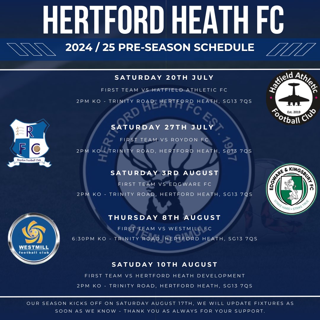 𝗣𝗥𝗘 𝗦𝗘𝗔𝗦𝗢𝗡

Our Pre-Season Schedule is now confirmed. Please see fixtures, dates and times below.

Our first Herts Senior County League Premier Division Fixture of the year will be on Saturday August 17th - look forward to seeing you all soon.

#StemusSimul #UTH