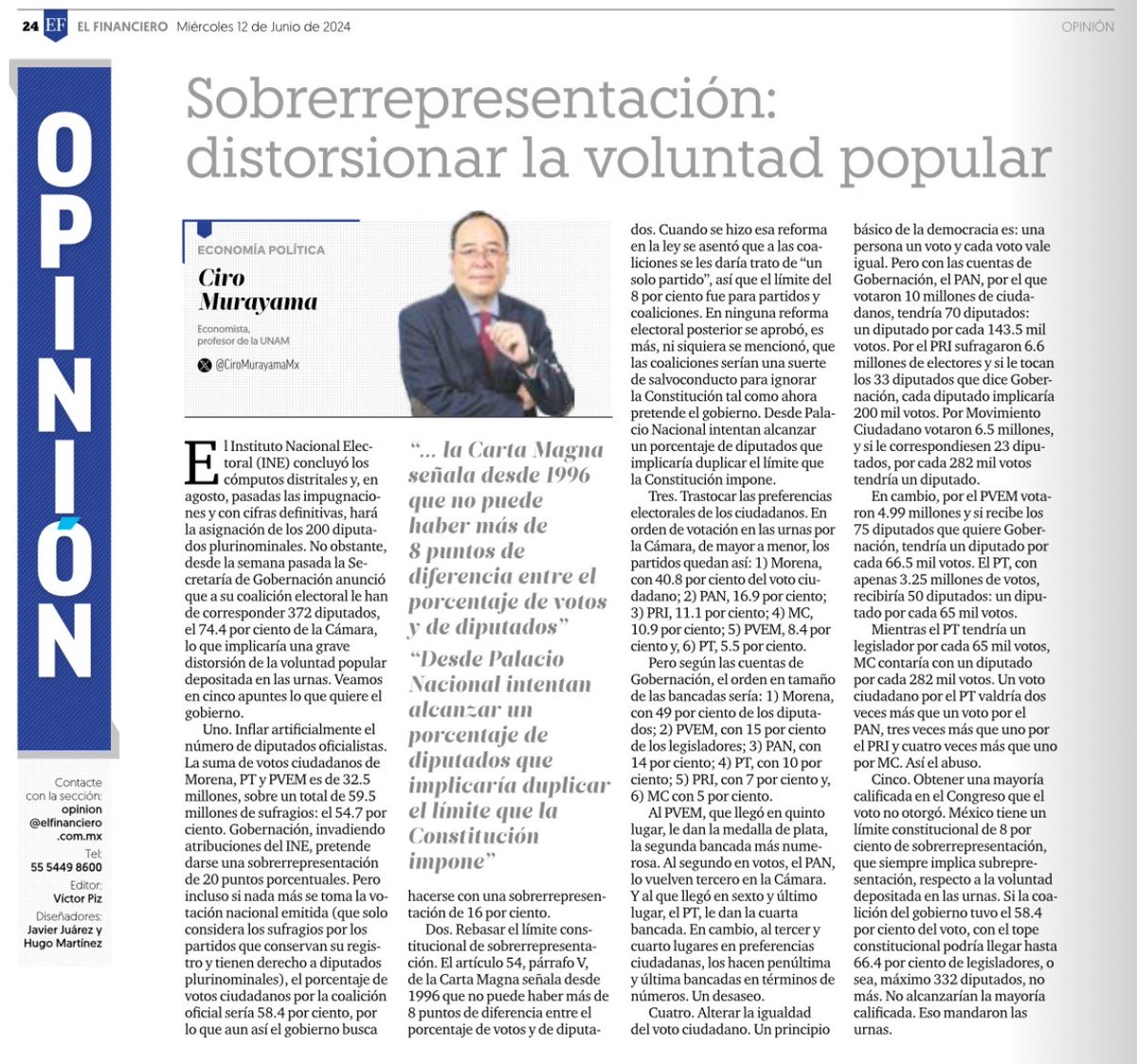 Ciro Murayama (@ciromurayamamx) on Twitter photo El gobierno busca:
1) Inflar el número de diputados oficialistas
2) Violar el límite de 8% de la CPEUM
3) Hacer al PVEM 2do lugar cuando fue 5o
4) Que un voto x el PT valga 4 veces uno por MC
5) La mayoría calificada artificial
Mi texto en <a href="/ElFinanciero_Mx/">El Financiero</a>
elfinanciero.com.mx/opinion/ciro-m… El gobierno busca:
1) Inflar el número de diputados oficialistas
2) Violar el límite de 8% de la CPEUM
3) Hacer al PVEM 2do lugar cuando fue 5o
4) Que un voto x el PT valga 4 veces uno por MC
5) La mayoría calificada artificial
Mi texto en <a href="/ElFinanciero_Mx/">El Financiero</a>
elfinanciero.com.mx/opinion/ciro-m…