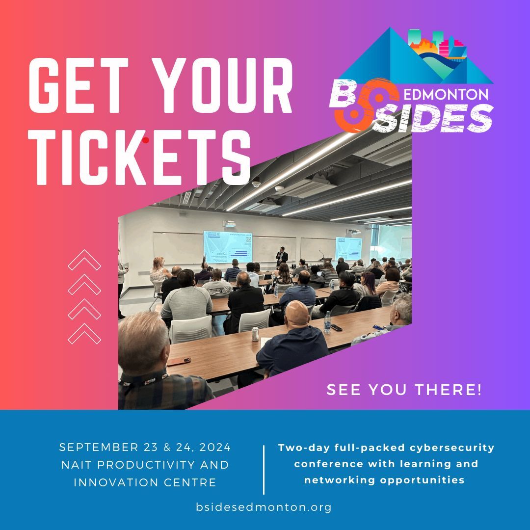 bsidesedmonton's tweet image. Come join us for educational sessions and networking opportunities at BSides Edmonton on  September 23 &amp;amp; 24, 2024 at the NAIT Productivity and Innovation Centre. Tickets are available for purchase at buff.ly/4aUna24. #AlbertaTech #CyberAlberta #YEG #InformationSecurity