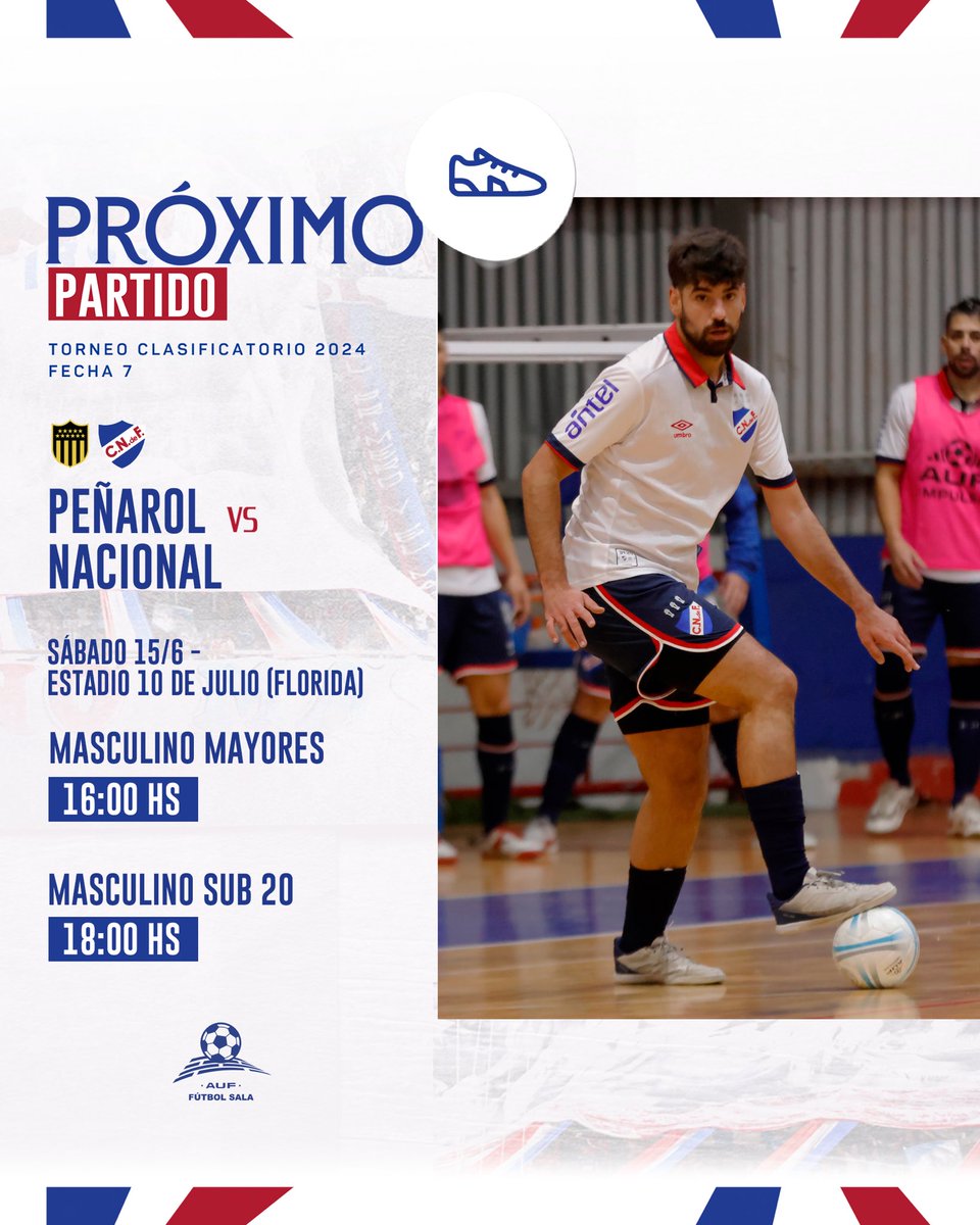 CNdeFfutsal's tweet photo. 🔜 Próximo partido - Campeonato Uruguayo de Fútbol Sala fecha 7

🆚 Peñarol
🗓️ Sábado 15/6
📍 Estadio 10 de Julio (Florida)
⏰ 16:00hs Mayores - 18:00hs Sub 20

#MismoEscudoMismaPasión
#ElClubGigante🔵⚪🔴 https://t.co/dhg0wnyWwp
