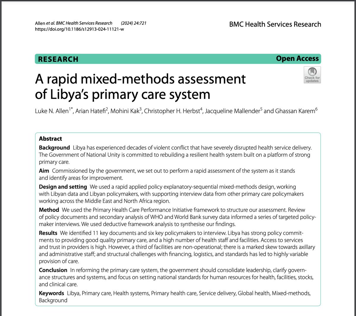 🔥 Glad to finally see these findings in print

National assessment of Libya's #PrimaryCare system

With the national PHC Institute and <a href="/WorldBank/">World Bank</a> 

bmchealthservres.biomedcentral.com/articles/10.11…