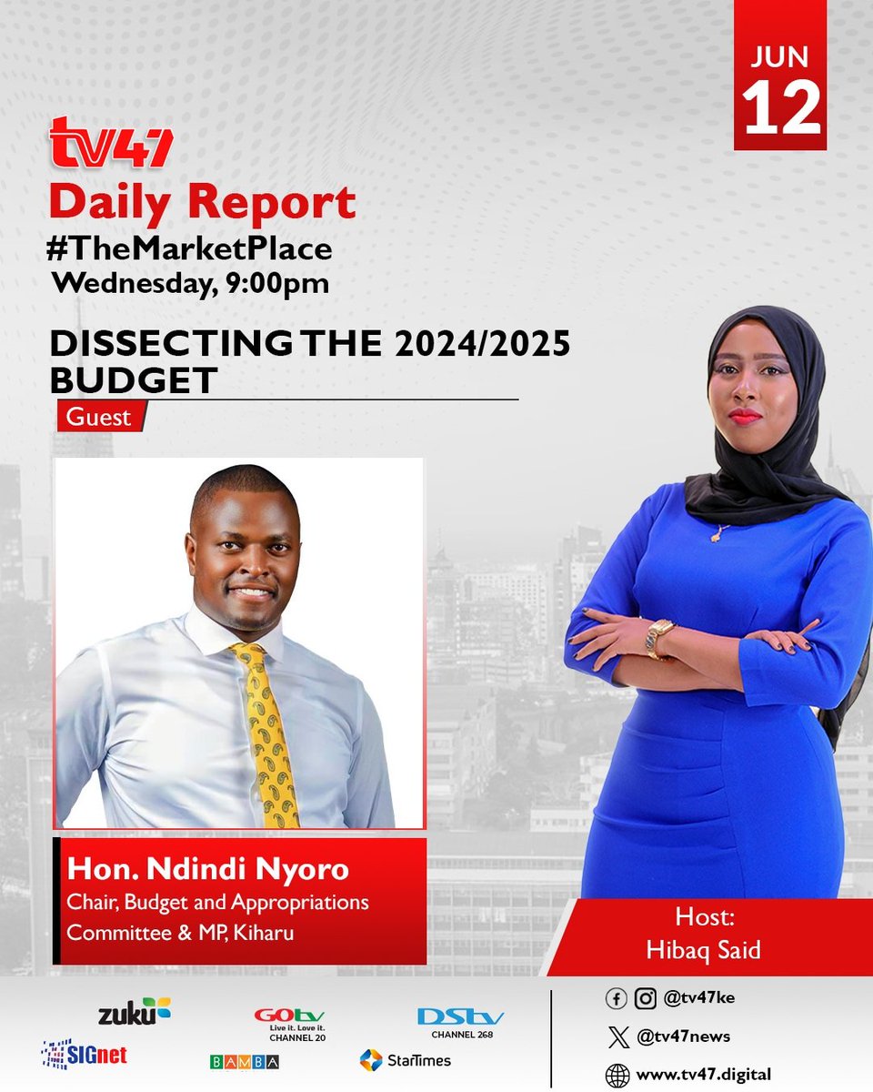 TV47 (@tv47news) on Twitter photo He has been vocal and public on supporting the 2024/2025 Finance Bill. On the eve of the budget reading we talk to Kiharu MP Ndindi Nyoro to break down what he sees in the 2024/2025 budget and why with Hibaq Said on The Market Place.
#TV47DailyReport #TheMarketPlace47
<a href="/HibaqSaid/">Hibaq Said</a> He has been vocal and public on supporting the 2024/2025 Finance Bill. On the eve of the budget reading we talk to Kiharu MP Ndindi Nyoro to break down what he sees in the 2024/2025 budget and why with Hibaq Said on The Market Place.
#TV47DailyReport #TheMarketPlace47
<a href="/HibaqSaid/">Hibaq Said</a>