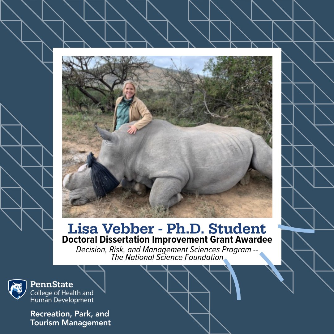 PennStateRPTM's tweet photo. Lisa Vebber was awarded a @NSF DRMS-DDRIG for her work on decision-making processes of African wildlife guides &amp; how they adhere to park regulations/provide wildlife interactions for tourists. Lisa was also chosen as a @FulbrightPrgrm alternate.

Congrats, Lisa!  #PennStateRPTM https://t.co/ylapRPrzlV
