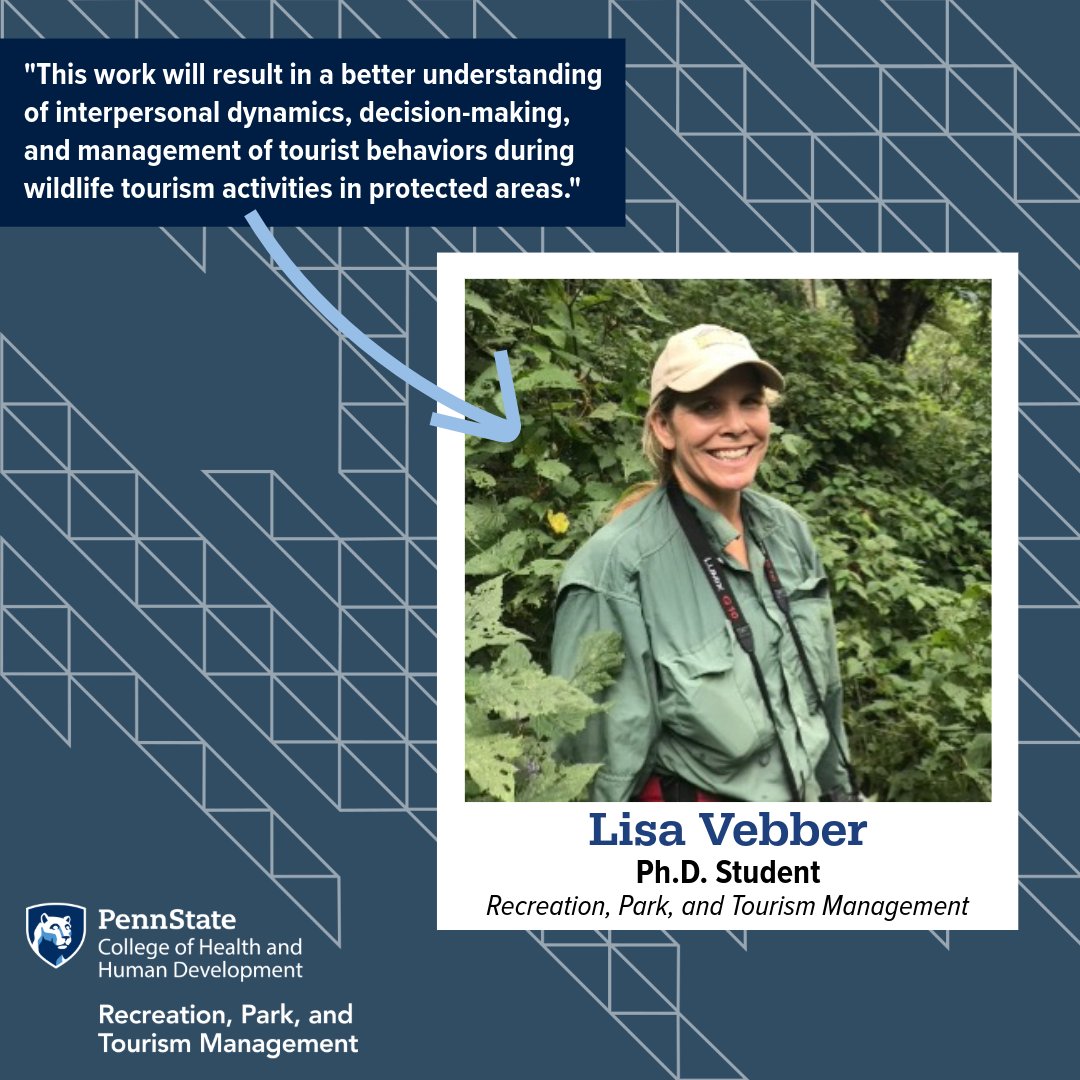 PennStateRPTM's tweet photo. Lisa Vebber was awarded a @NSF DRMS-DDRIG for her work on decision-making processes of African wildlife guides &amp; how they adhere to park regulations/provide wildlife interactions for tourists. Lisa was also chosen as a @FulbrightPrgrm alternate.

Congrats, Lisa!  #PennStateRPTM https://t.co/ylapRPrzlV