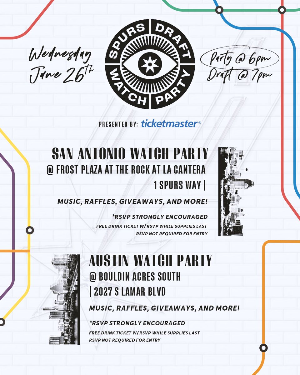 Join in on the Spurs Draft Watch Party fun!

RSVP for either our San Antonio or Austin official Spurs Draft Watch Parties and celebrate our first round picks 🎉 nba.com/spurs/draft-hu…

<a href="/Ticketmaster/">Ticketmaster</a> | #sponsored