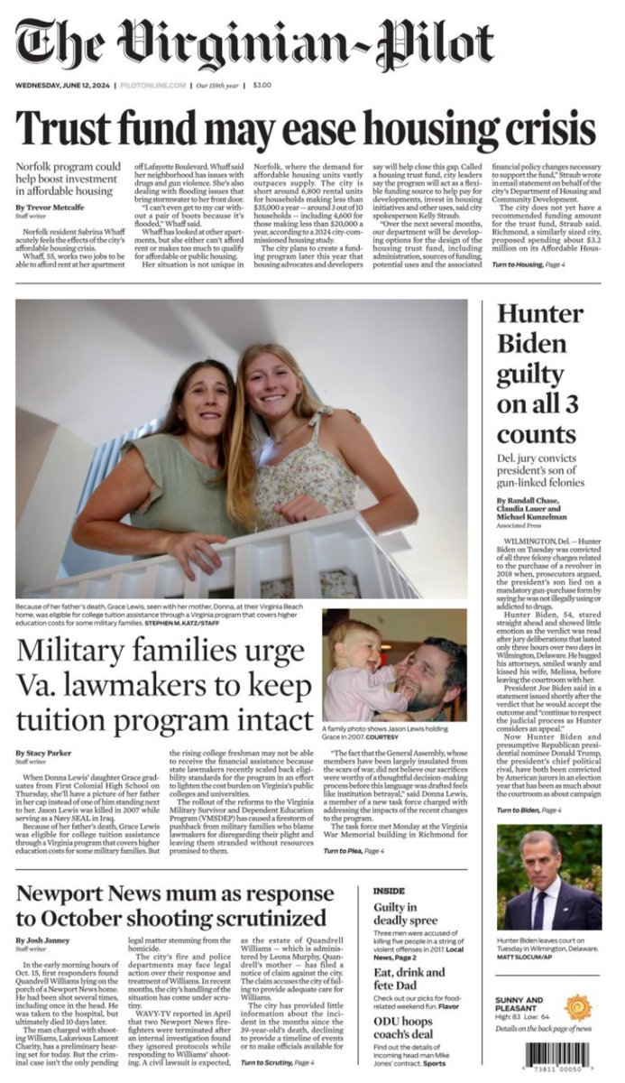 Wednesday A1: Norfolk housing trust fund, tuition waivers for military families, questions about Newport News fire response to shooting, Hunter Biden guilty.