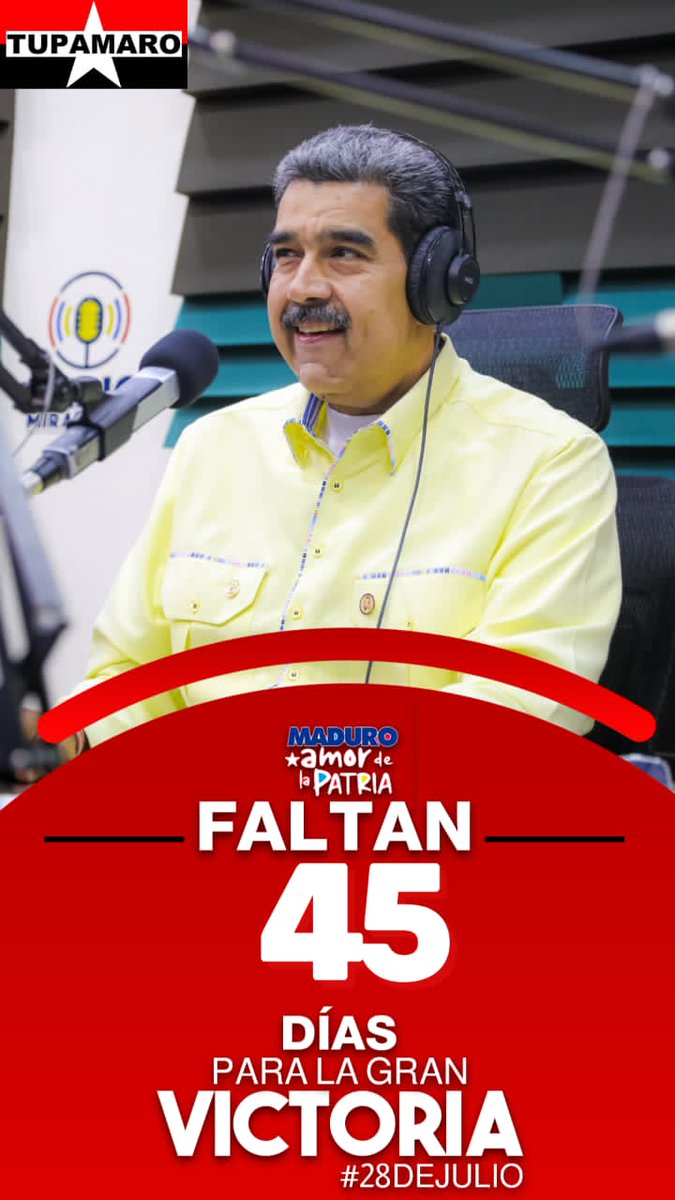 📢 ¡FALTAN 45 DÍAS!
Para la Gran Victoria Popular éste próximo #28Julio. 🚩🏴

Nuestro espíritu patriótico brilla como una antorcha revolucionaria que guía nuestro destino hacia la victoria.
¡NOSOTROS VENCEREMOS!

<a href="/NicolasMaduro/">Nicolás Maduro</a>