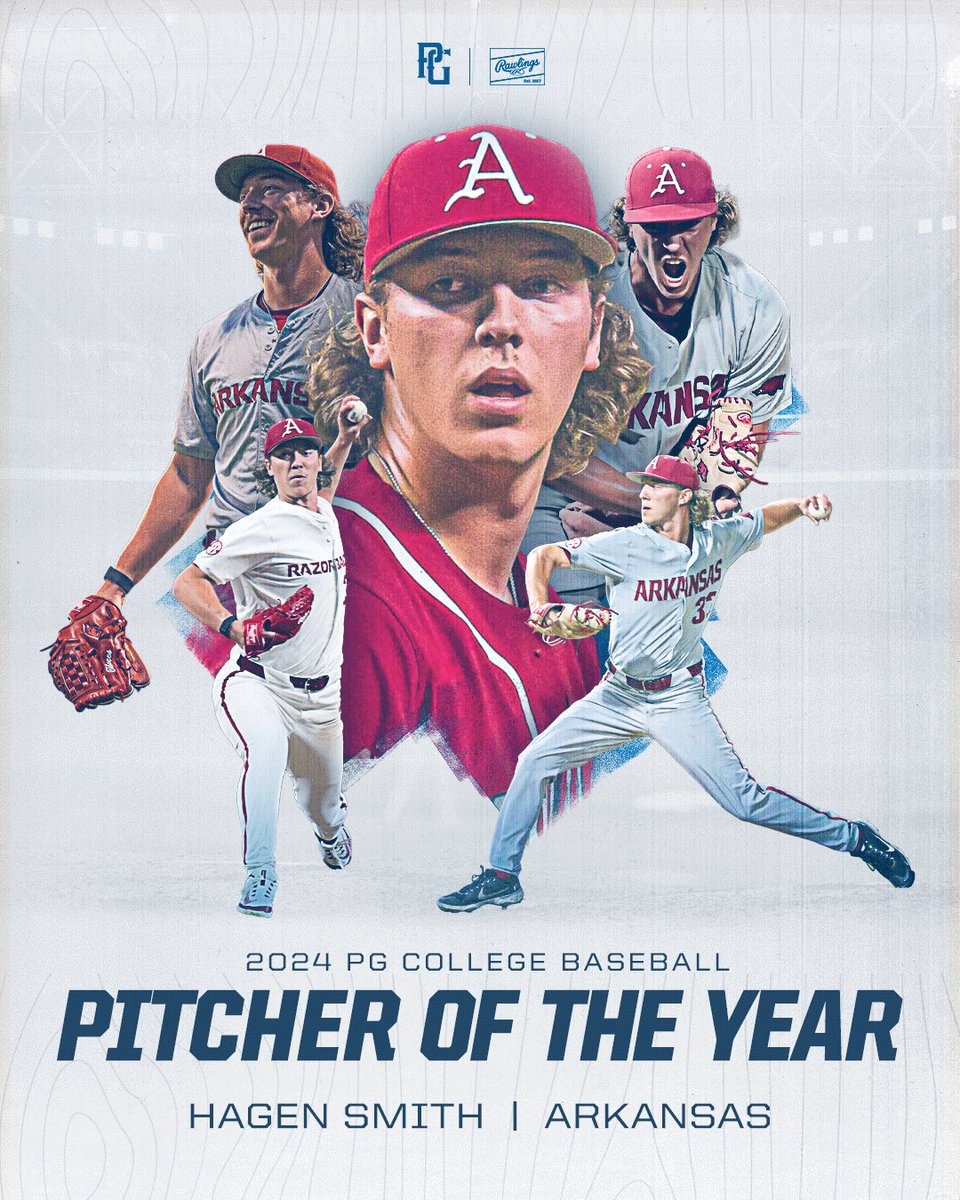 PerfectGameUSA's tweet image. 2024 @PGCollegeBall Pitcher of the Year 🏆

Hagen Smith was ridiculous all season long for @RazorbackBSB, turning in 84 innings in total with 161 Ks against just 34 BBs and .144 BAA.

bit.ly/4b5sBeO