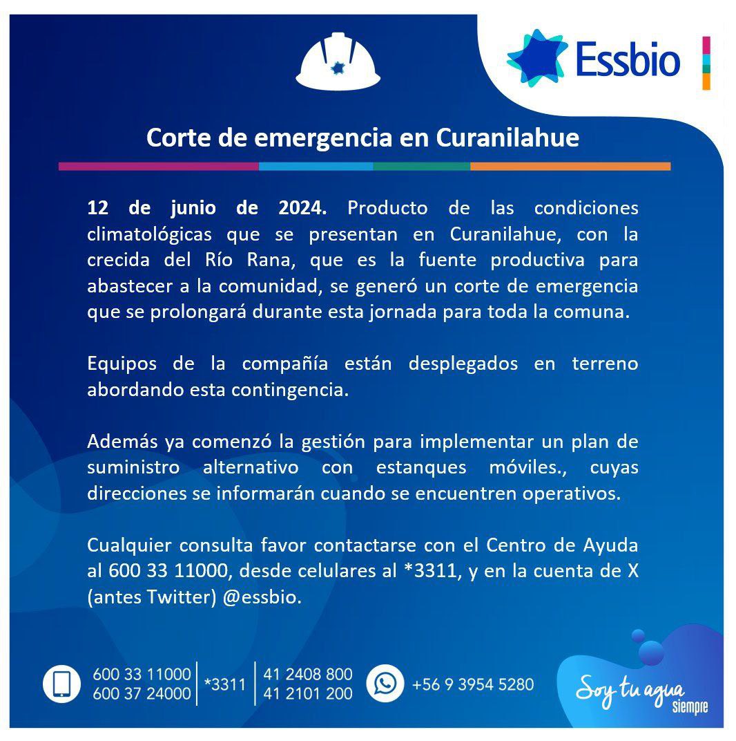 ICEBiobio's tweet photo. #curanilahue #essbio por crecida del rio Rana, hoy se genero un corte de emergencia en toda la comuna, se esta gestionando un plan de suministro alternativo. Consultas al 6003311000 @essbio https://t.co/L9voqLWM7T