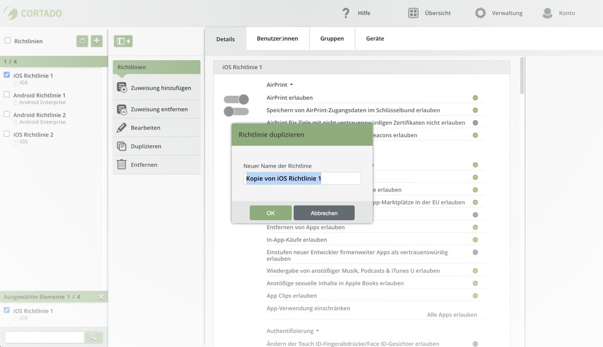 CortadoDe's tweet photo. 🚀 Unsere neuesten Features: Installationsstatus von selbst gehosteten Apps, schnelle Identifikation von nicht verwalteten Geräten, die Möglichkeit, Richtlinien zu duplizieren. Schadensmeldungen für Mietgeräte direkt über das Verwaltungsportal.https://t.co/fIVNQCi8ki #MDM https://t.co/ihjCDuJ8cT