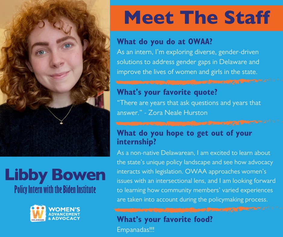 OWAA is excited to be partnering once again with The Biden Institute and welcoming our 2024 Policy intern! Meet Libby, a rising senior double majoring in history and political science at the University of Delaware.