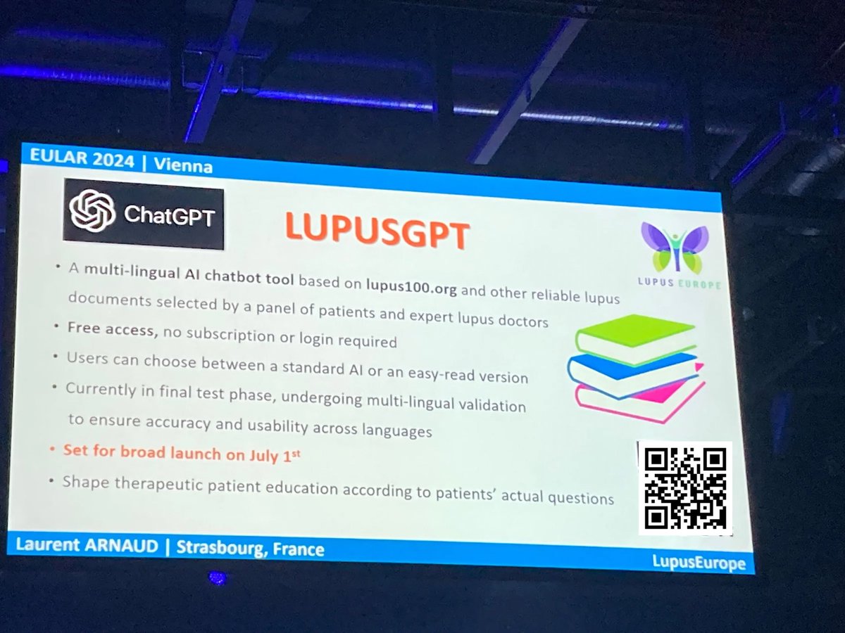🚀Breaking news from #EULAR2024!

🦋 #LupusGPT has just been released!

Prf @lupusreference unveiled this innovative multilingual AI tool developed by Lupus Europe &amp; powered by🔝sources, including #Lupus100 website.

A reliable resource for lupus patients! lupusgpt.org