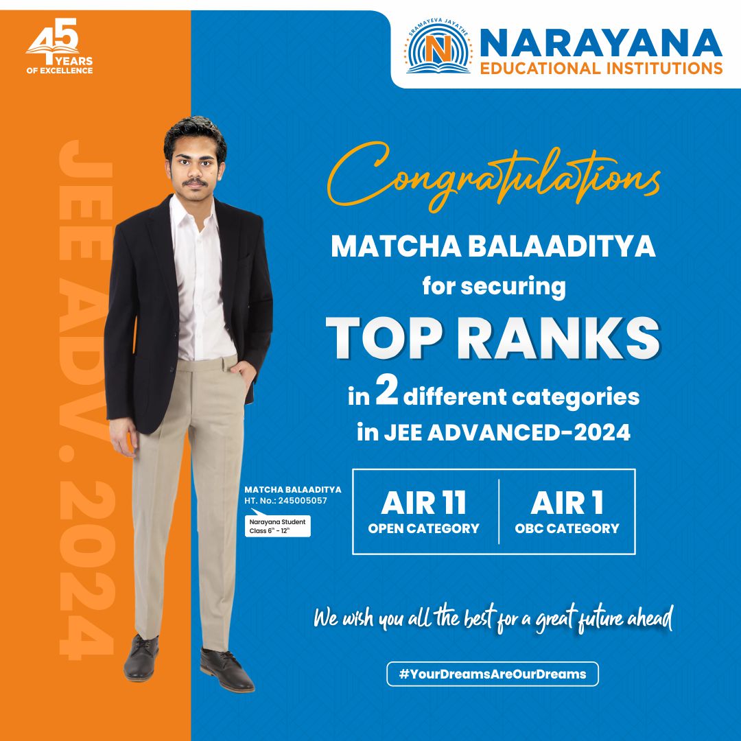 NarayanaEdu's tweet photo. Congratulations to 𝗠𝗮𝘁𝗰𝗵𝗮 𝗕𝗮𝗹𝗮𝗮𝗱𝗶𝘁𝘆𝗮 for achieving 𝗔𝗜𝗥 𝟭 (OBC CATEGORY) & 𝗔𝗜𝗥 𝟭𝟭 (OPEN CATEGORY) in JEE Advanced 2024.
visit us online at 🌐 https://t.co/IwWf9ZW0vj
#JEEResult #JEEAdvanced2024 #IITJEEResult #JEEAdvanced2024Results #YDAOD https://t.co/KS1o9diU5h