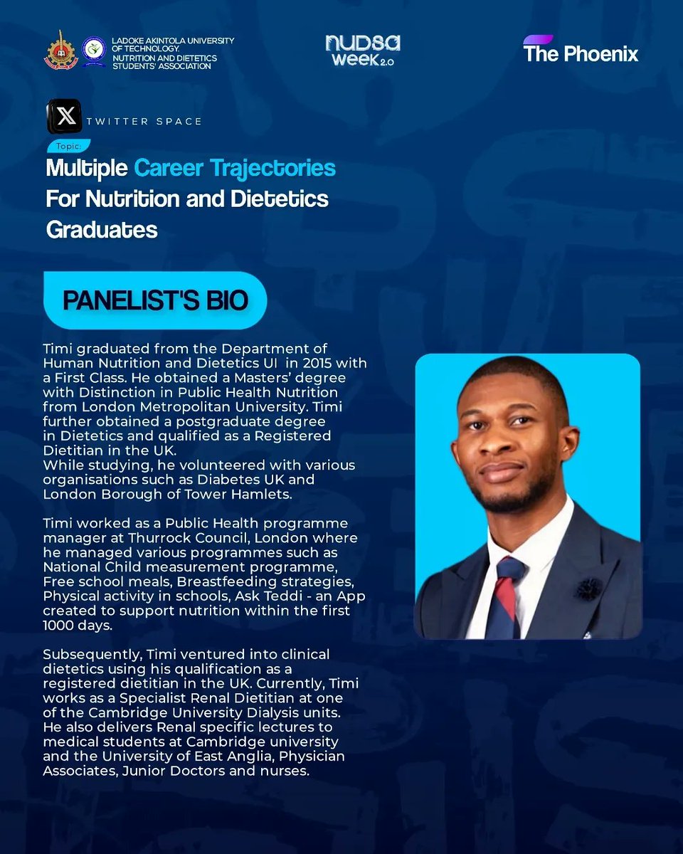nudsa.lautech. (@nudsa_lautech) on Twitter photo We are honored to have <a href="/timmieyRD/">Timilehin Omilana</a> as a panelist on the Twitter space event scheduled to hold by 4pm today tagged: Multiple Trajectories for Nutrition and Dietetics Graduates We are honored to have <a href="/timmieyRD/">Timilehin Omilana</a> as a panelist on the Twitter space event scheduled to hold by 4pm today tagged: Multiple Trajectories for Nutrition and Dietetics Graduates