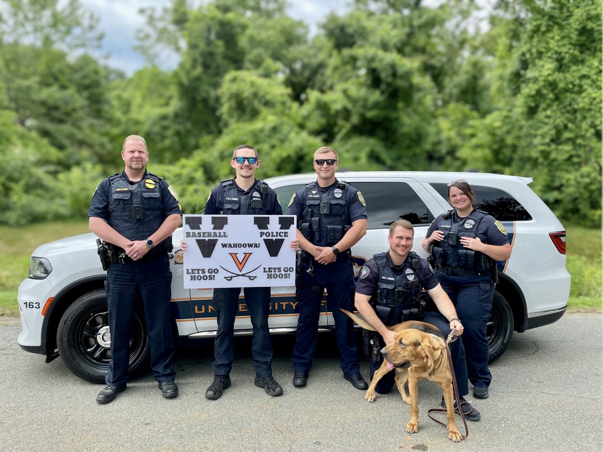 UVAPolice's tweet photo. And they're off! Today members of UPD showed their support to @UVABaseball as they head off to Omaha for the Men's College World Series! #GoHoos #UVABaseball https://t.co/Lvb6fGbc6t