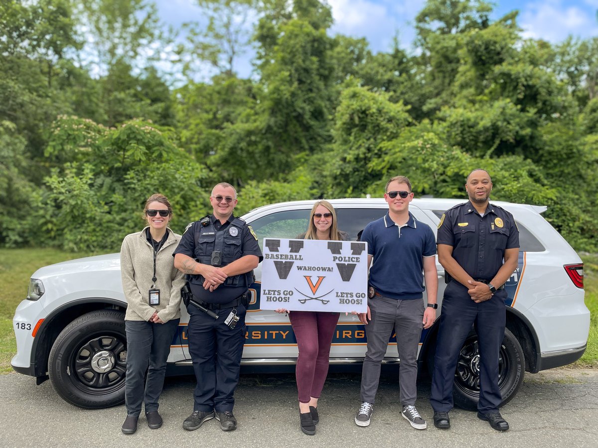 UVAPolice's tweet photo. And they're off! Today members of UPD showed their support to @UVABaseball as they head off to Omaha for the Men's College World Series! #GoHoos #UVABaseball https://t.co/Lvb6fGbc6t