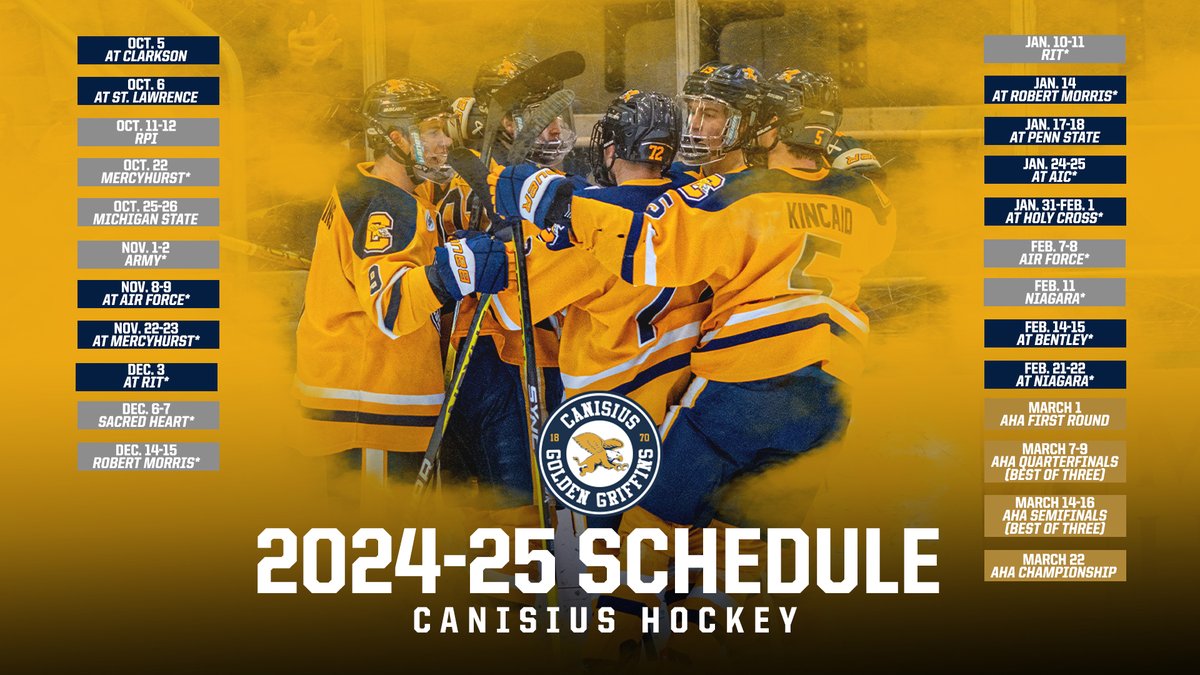The 2024-25 schedule is out! 

Looking forward to another thrilling season of Canisius hockey 

📰 - tinyurl.com/yab5jcdm

#Griffs