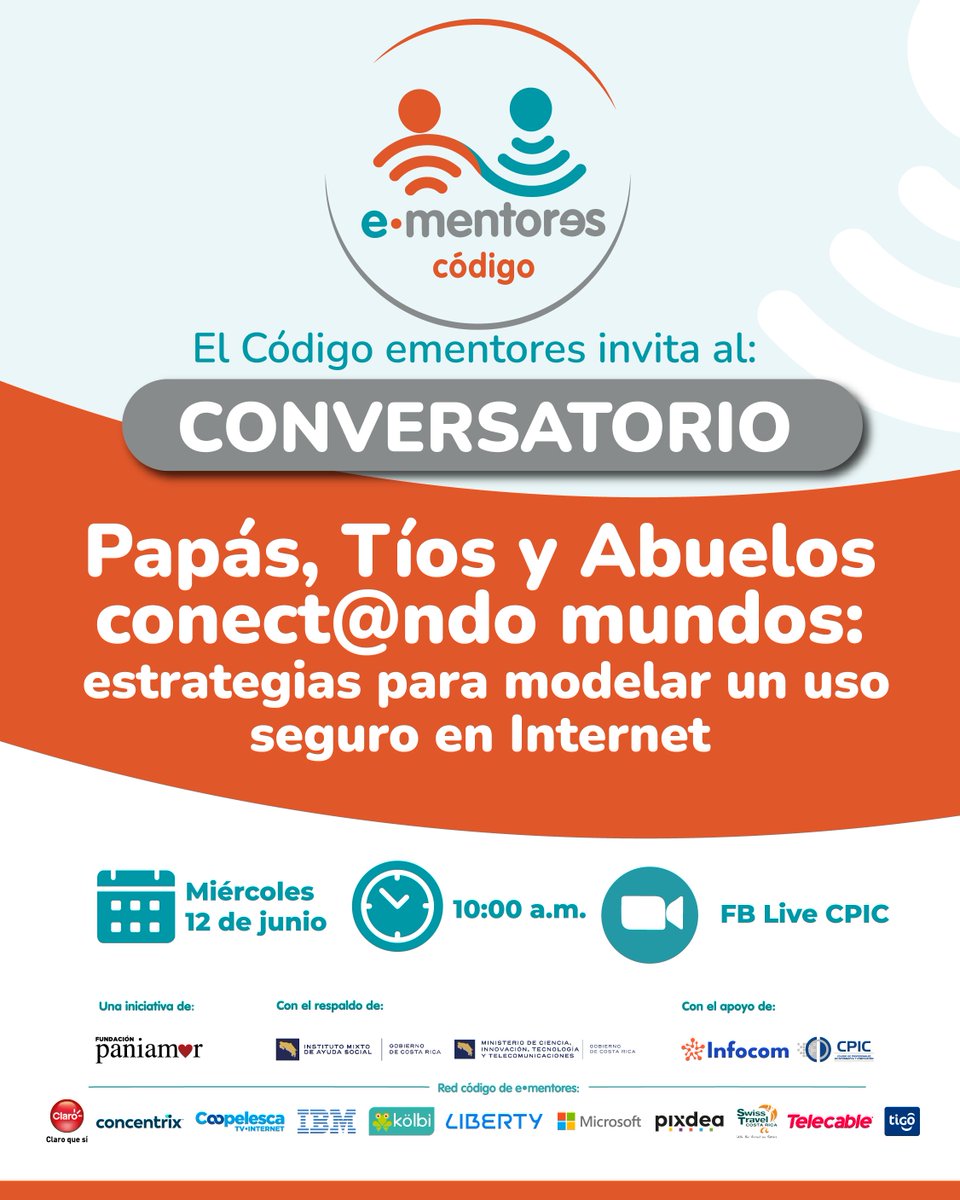 Mañana sea parte del #Webinar: "Papás, tíos y abuelos conect@ndo mundos: Estrategias para un uso seguro de Internet".
FB LIVE: CPIC facebook.com/cpiccostarica